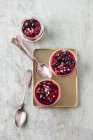 Glasses of vanilla cream with berry sauce and chopped almonds — Stock Photo