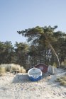 Hut and rowing boat on the beach dunes, Zempin, Germany — Stock Photo