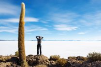 Боливия, Атакама, Альтиплано, Салар-де-Уюни, Человек стоит и смотрит на соленое озеро — стоковое фото