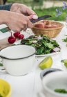 Abgeschnittene Ansicht von Händen, die roten Rettich zu Salat schneiden — Stockfoto