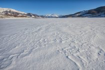 Italy, Abruzzo, Gran Sasso e Monti della Laga National Park, Lake Campotosto completely frozen in winter — Stock Photo