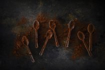 Seven chocolate spoons sprinkled with cocoa — Stock Photo