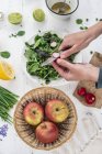 Cropped view of hands cutting radish to green salad — Stock Photo