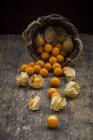 Physalis in wicker basket on wooden surface — Stock Photo