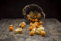 Physalis in wicker basket and on wooden surface — Stock Photo