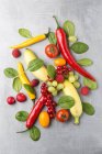 Diferentes frutas y verduras en superficie metálica - foto de stock