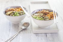 Buddha bowls of Edamame, cucumber, carrots, courgettes, Shirataki noodles and sesame — Stock Photo
