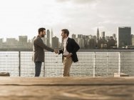 Deux hommes d'affaires serrant la main à East River, New York, USA — Photo de stock