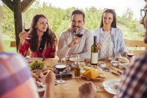 Friends socializing at outdoor table with red wine and snacks — Stock Photo