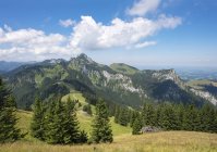 Deutschland, Bayern, Chiemgauer Alpen, Blick von der Hochplatte oberhalb der Piesenhausen Hochalm zur Kampenwand und Gederer Wand — Stockfoto