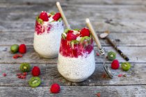 Two glasses of chia pudding with cocos, raspberries and several fruits — Stock Photo