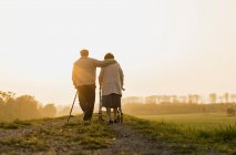 Coppia anziana che cammina con bastone da passeggio e camminatore a ruote nella natura — Foto stock