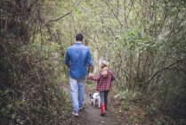 Father and little daughter walking in forest with French bulldog — Stock Photo