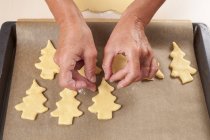 Woman placing Christmas tree cookies on baking tray — Stock Photo