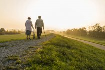 Старшая пара ходит с тростью и колесным ходунком на природе — стоковое фото