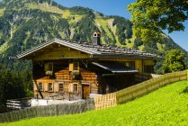 Alemanha, Baviera, Allgaeu, Allgaeu Alps, Gerstruben, casa de fazenda sobre grama verde — Fotografia de Stock