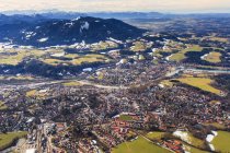 Germany, Bavaria, aerial view of Isarwinkel, river Isar, Bad Toelz, Zugspitze and the Alps — Stock Photo