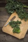 Organic kale on wooden chopping board with knife — Stock Photo