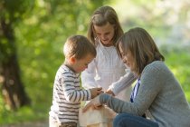 Mãe coletando castanhas com seus filhos — Fotografia de Stock