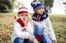Ritratto di bambino biondo e suo fratello sullo sfondo con indosso abiti alla moda in maglia in autunno — Foto stock