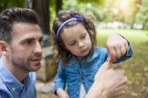 Father and daughter examining ladybird on hand — Stock Photo
