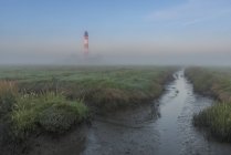Germany, Schleswig-Holstein, North Sea Coast, View of Westerheversand Lighthouse, fog — Stock Photo