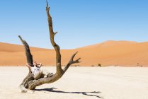 Namibia, Namib Desert, woman resting in dead tree in Deadvlei — Stock Photo