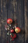 Цвітіння Hydrangea, firethorn та червоні яблука на темного дерева — стокове фото