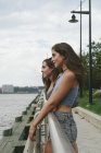 Estados Unidos, Nueva York, dos amigos mirando el río Hudson - foto de stock