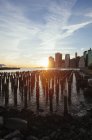 США, Нью-Йорк, Нью-Йорк, Манхэттен, Скайлайн и Ист-Ривер на закате — стоковое фото