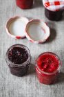 Homemade raspberry and blackberry jams with chia seeds — Stock Photo