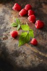 Framboises et feuilles fraîches cueillies — Photo de stock