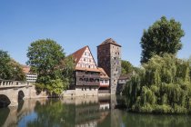 Alemania, Baviera, Núremberg, Ciudad vieja, Max bridge, Weinstadl and Water tower, Pegnitz river - foto de stock