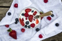 Vue éléwée du yaourt naturel aux graines et fruits de chia en verre — Photo de stock