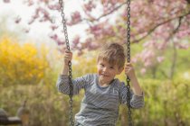 Цветок вишни, маленький мальчик, сидящий на качелях, улыбающийся — стоковое фото