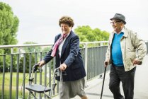 Senior couple walking on bridge — Stock Photo