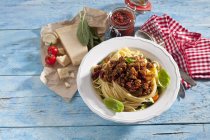 Plate of Spaghetti Bolgnese and ingredients — Stock Photo