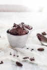 Cups of homemade chocolate icecream sprinkled with cacao nibs — Stock Photo