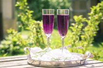 Champanhe roxo em copos, flores de lavanda e tule na bandeja — Fotografia de Stock