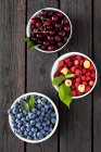 Three bowls of sour cherries, raspberries and blueberries on dark wood — Stock Photo