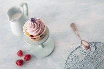 Cheesecake muffin on cake stand with raspberries — Stock Photo