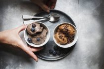 Bowls of vegan blueberry banana  and chocolate banana ice cream — Stock Photo
