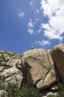 Bergsteiger auf einem Felsen mit ausgestreckten Armen — Stockfoto
