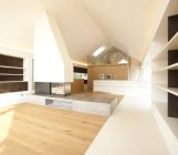 Home ownership, living room with fireplace and open plan kitchen — Stock Photo