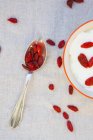Ч. ложку з wolfberries та чашею натурального йогурту з wolfberries — стокове фото