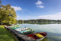 Німеччина, Баварія, Wesslinger озеро влітку, jetty та Човни гребні — стокове фото
