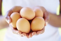 Female hands holding brown eggs — Stock Photo