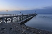 Німеччина, Баден-Вюртемберг, Hagnau, Боденське озеро, jetty вранці і летять — стокове фото
