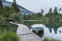 Suiza, Grisones, Lago Cresta, pasarela de madera y barco - foto de stock