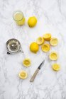 Succo di limone appena spremuto, limoni biologici e spremiagrumi — Foto stock